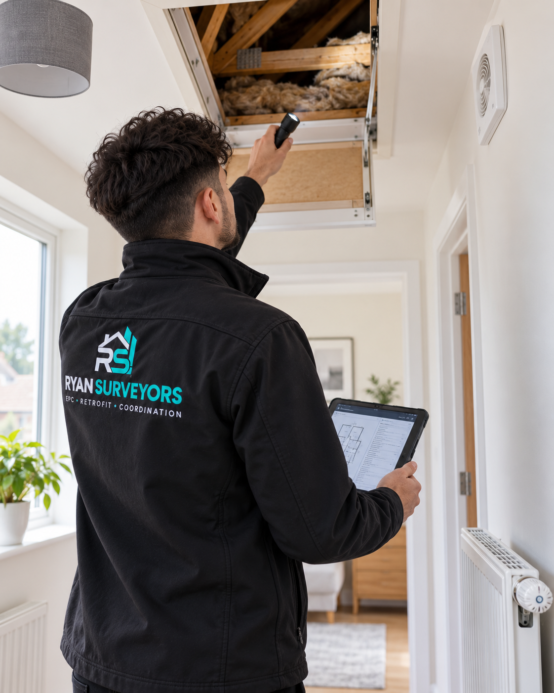 Ryan Surveyors assessor measuring loft insulation during a PAS 2035 retrofit assessment