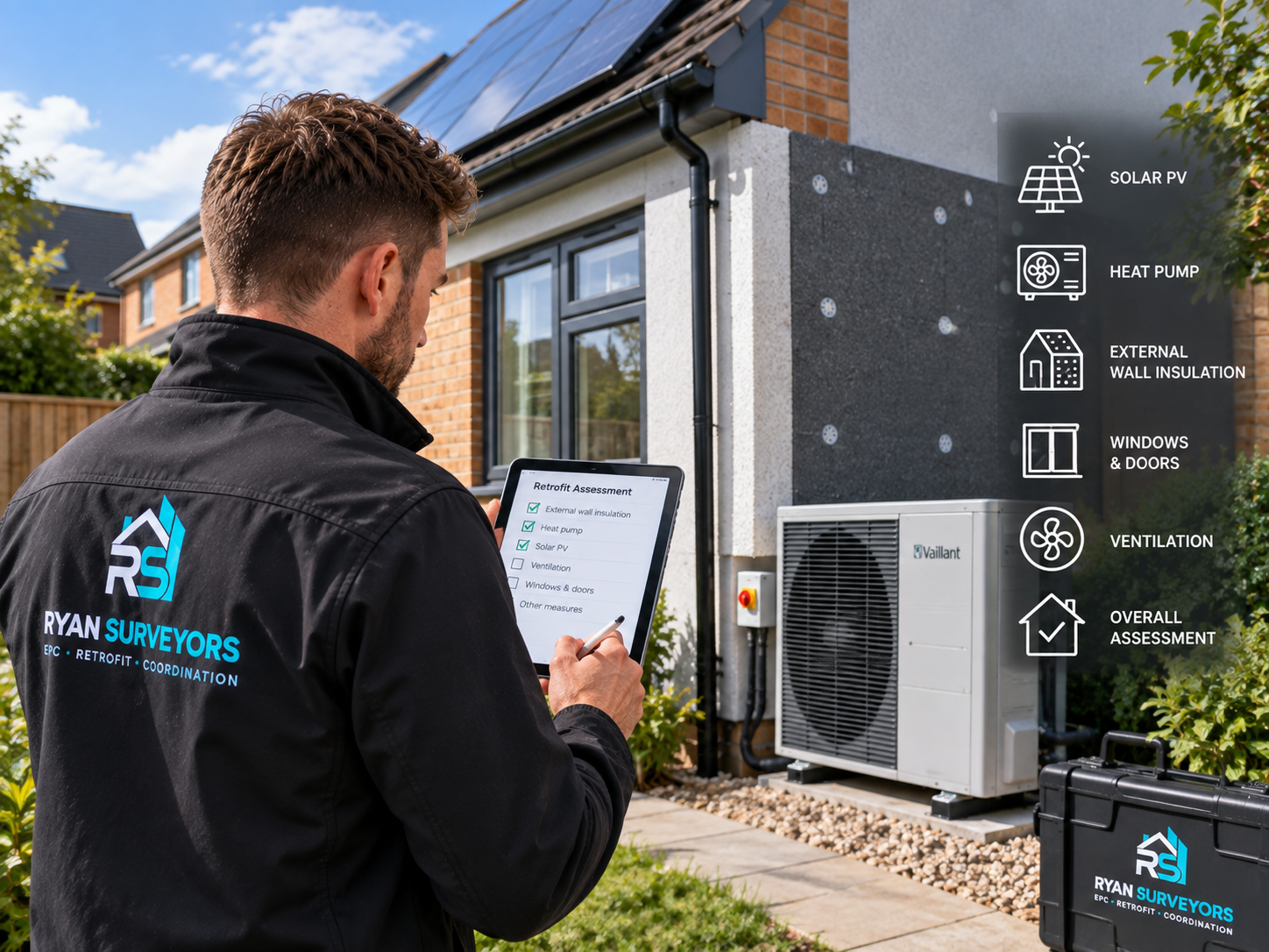 Retrofit assessment of solar panels, heat pump and external wall insulation