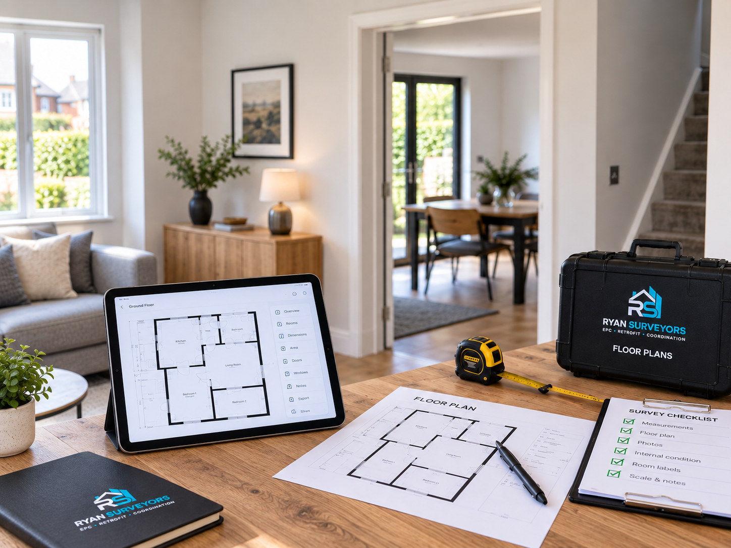 Floor plan workspace with measured drawings and property survey equipment